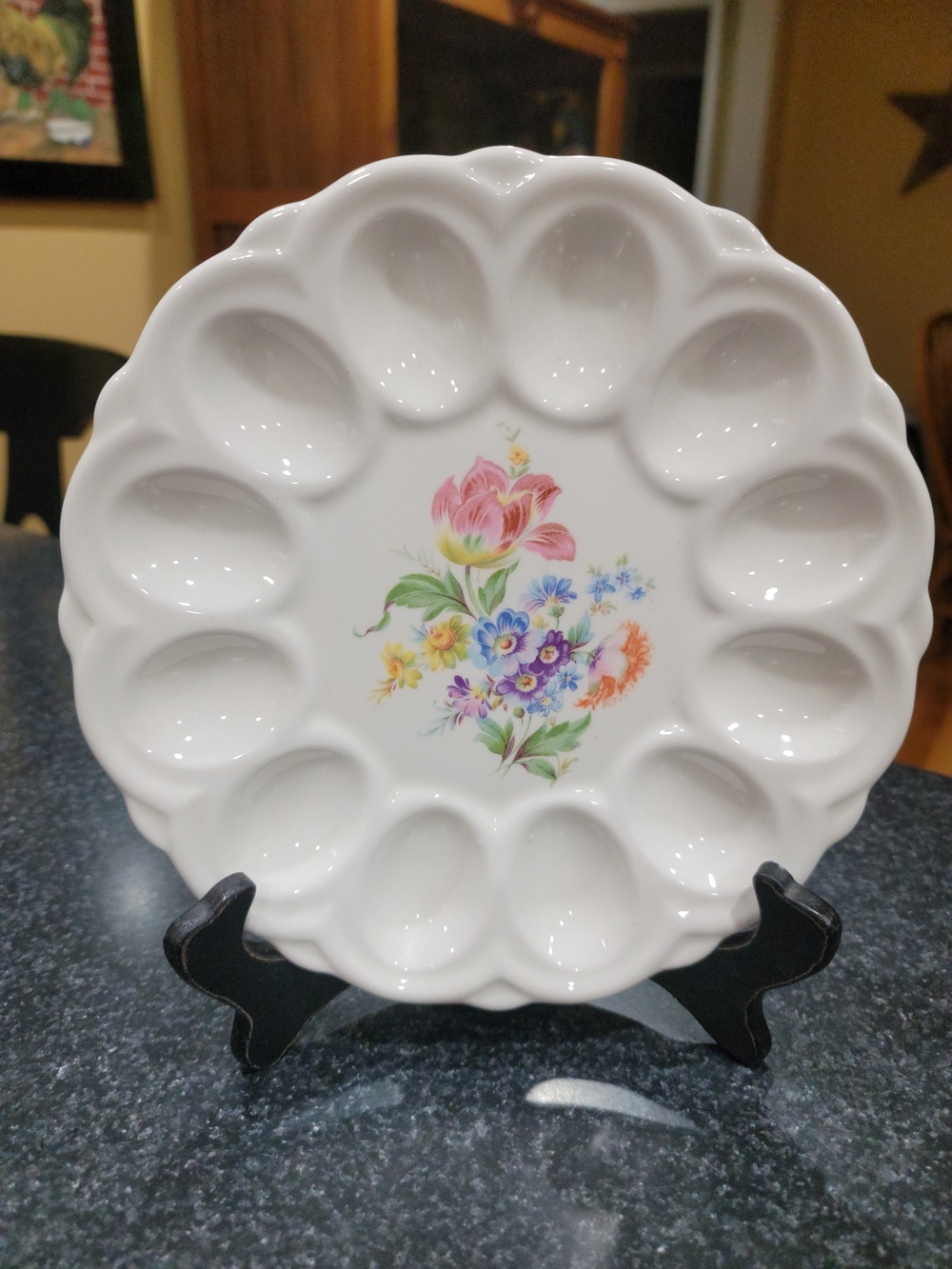 Vintage E&R American Artware Ceramic Deviled Egg Plate Floral Scalloped 9” 1940s